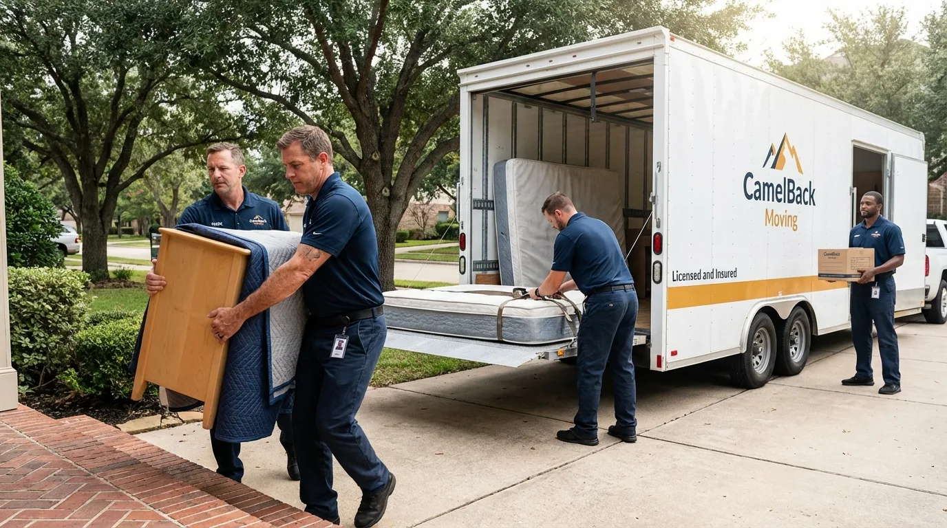 Crew loading residential truck for cross-state move from Kermit, TX