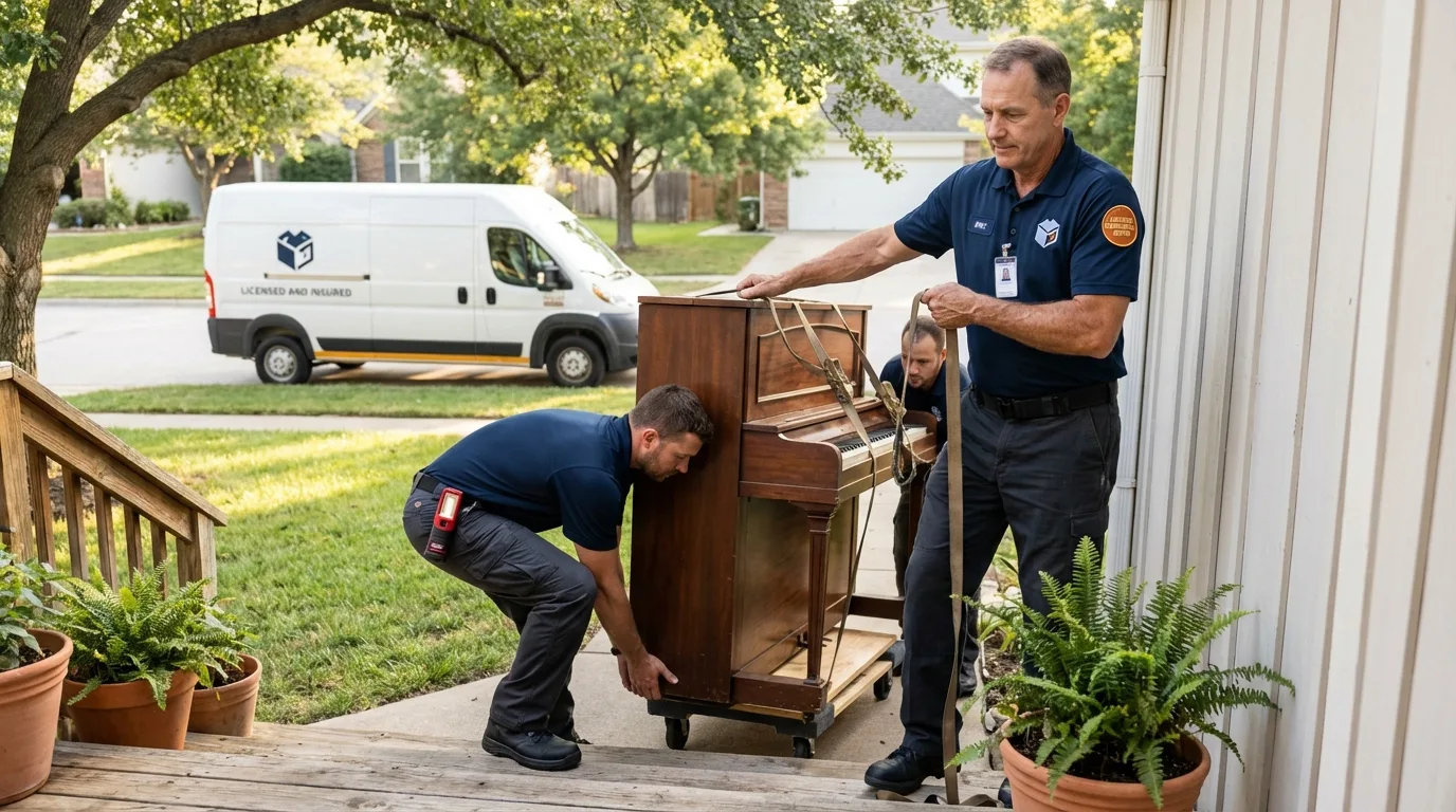 Licensed piano movers securing grand piano in Kermit, TX