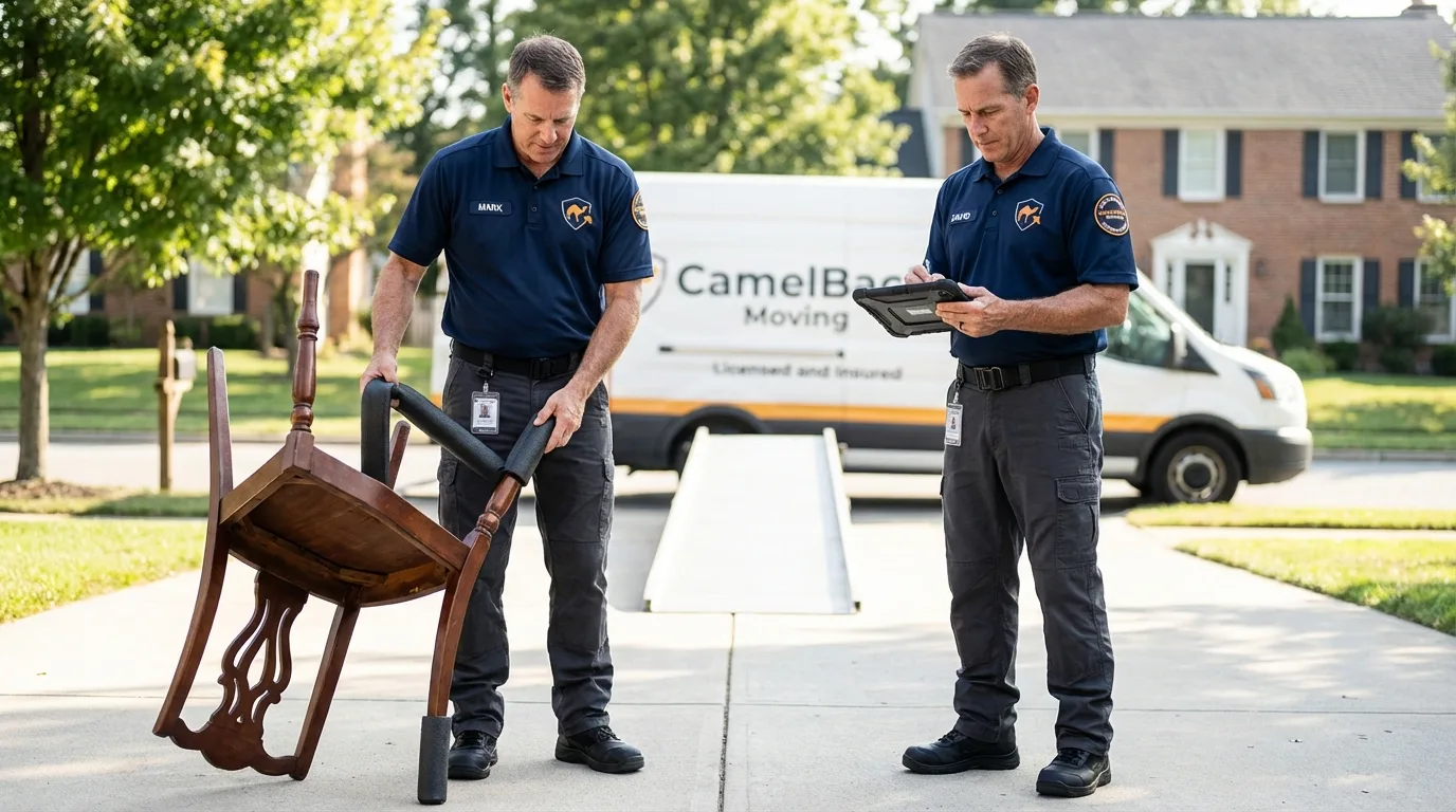 Movers inspecting furniture for damage prevention before loading in Kermit, TX