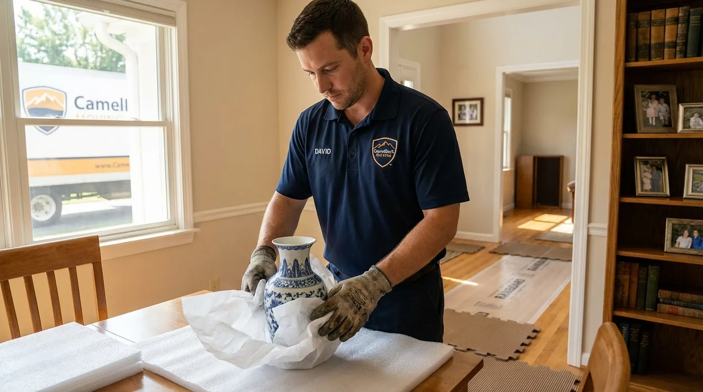 Professional crew carefully wrapping antique vase for senior downsizing move in Kermit, TX