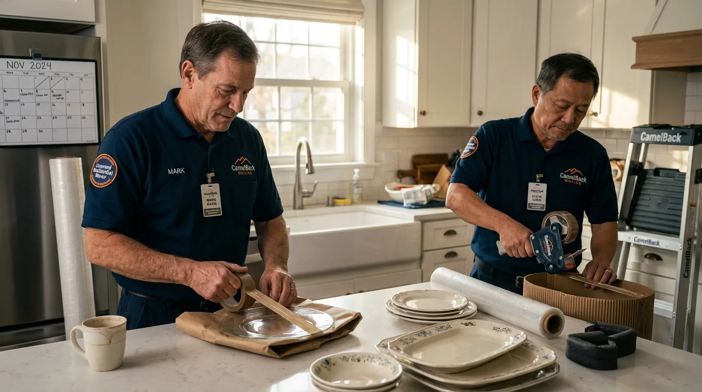 Professional crew packing kitchen dishware in Kermit, TX